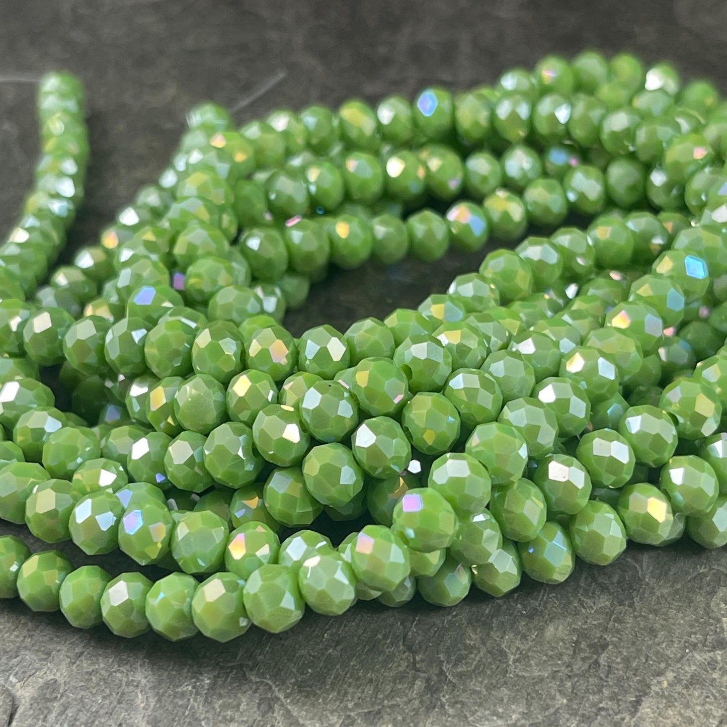 6x5mm Faceted Glass Beads, Opaque Avocado Green Faceted Rondelles with AB Finish (AvocadoAB-6) * 80 Beads
