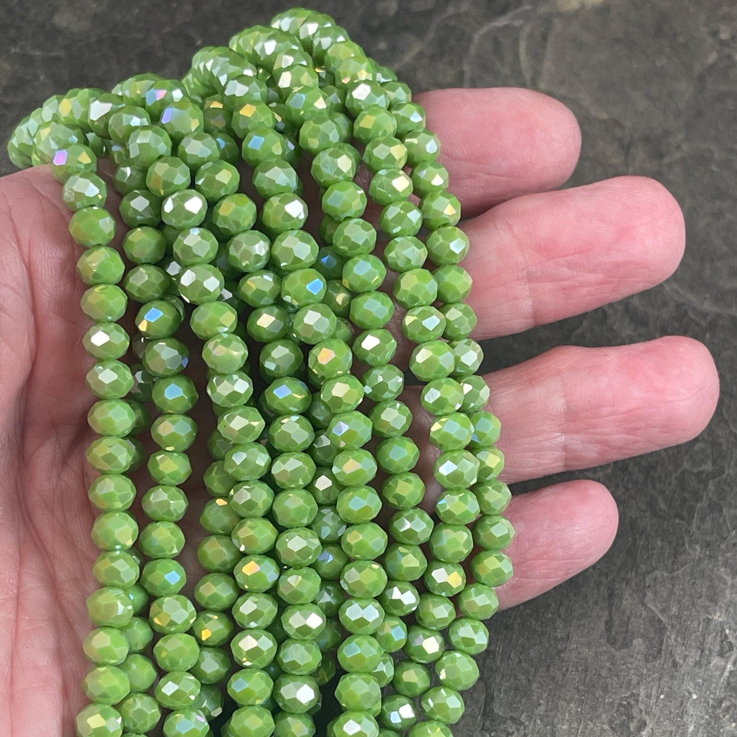 6x5mm Faceted Glass Beads, Opaque Avocado Green Faceted Rondelles with AB Finish (AvocadoAB-6) * 80 Beads