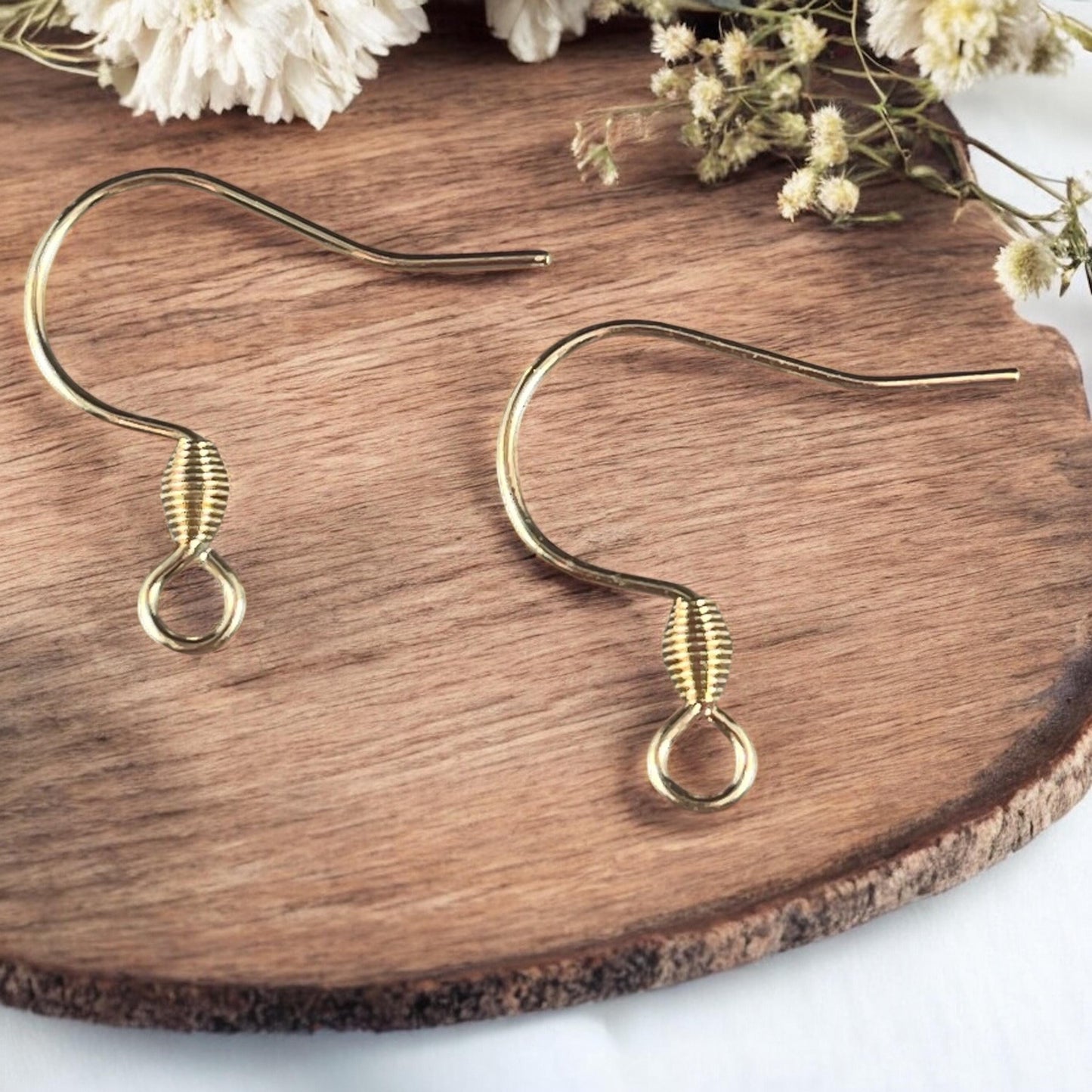 Hypoallergenic Gold Ear Wires, 18k Gold Plated 304 Stainless Steel, 18mm French Hook with Bicone Coil (H436-04G) * Qty. 30