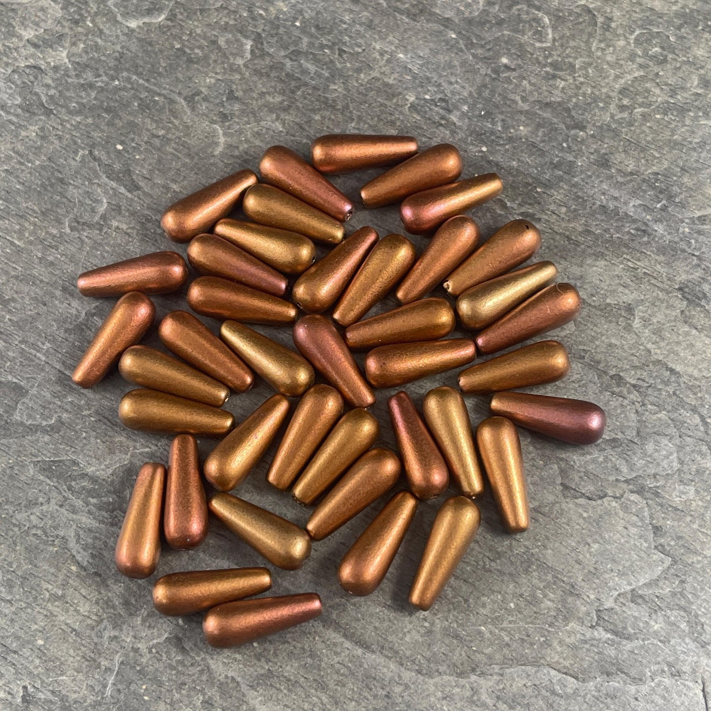 Czech Glass Beads - Elongated Tear Drops, Gold and Warm Copper Satin Matte Finish, 15x6mm Tapered Drops (DRO/N-0432G) * Qty. 14