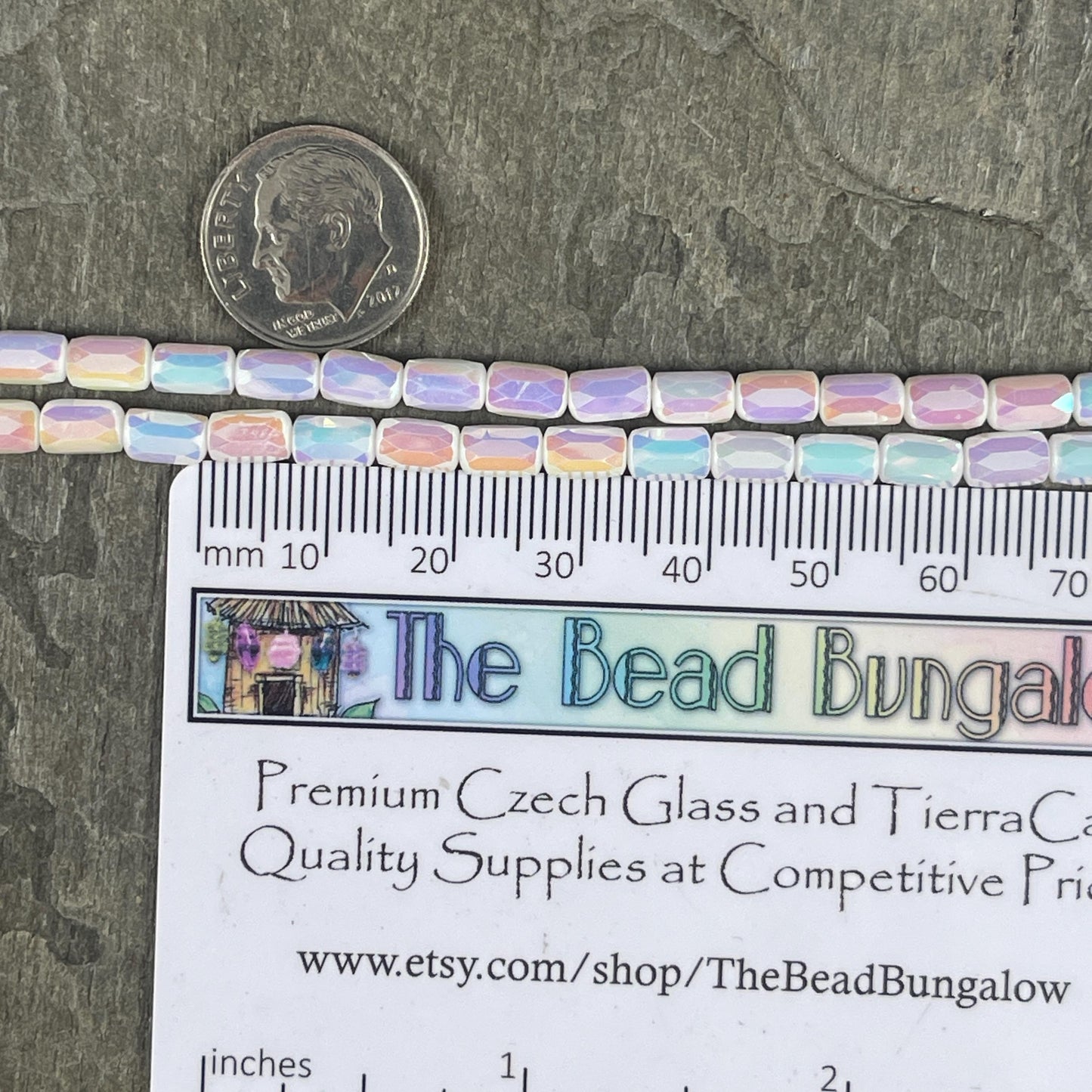 Faceted Glass Tube Beads, 7x4mm Tube Bead with Facets and AB Finish (White AB) * 7" Strand
