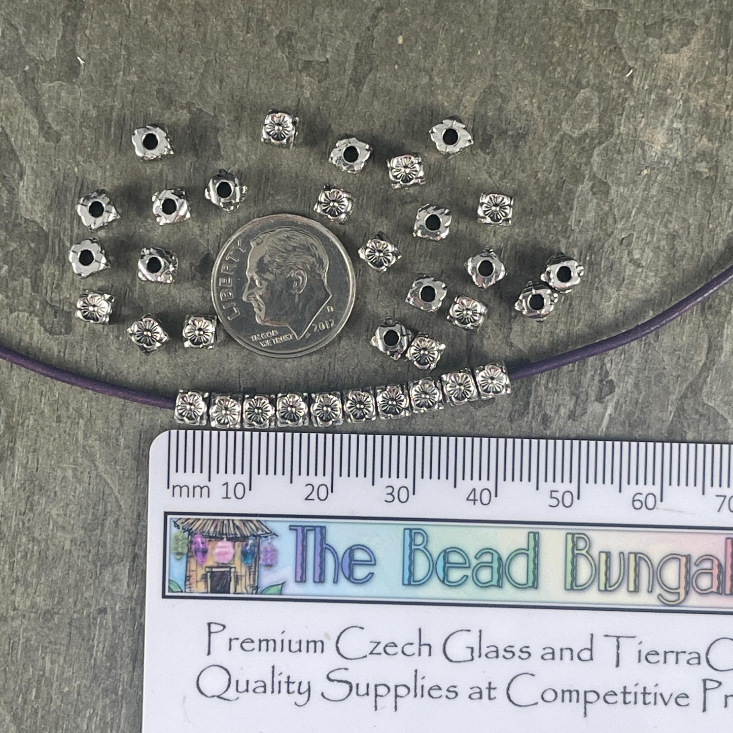 Antiqued Silver Large Hole Square with Flowers, 4mm Cube with 1.8mm Hole (YW0001-17A) * Qty. 50