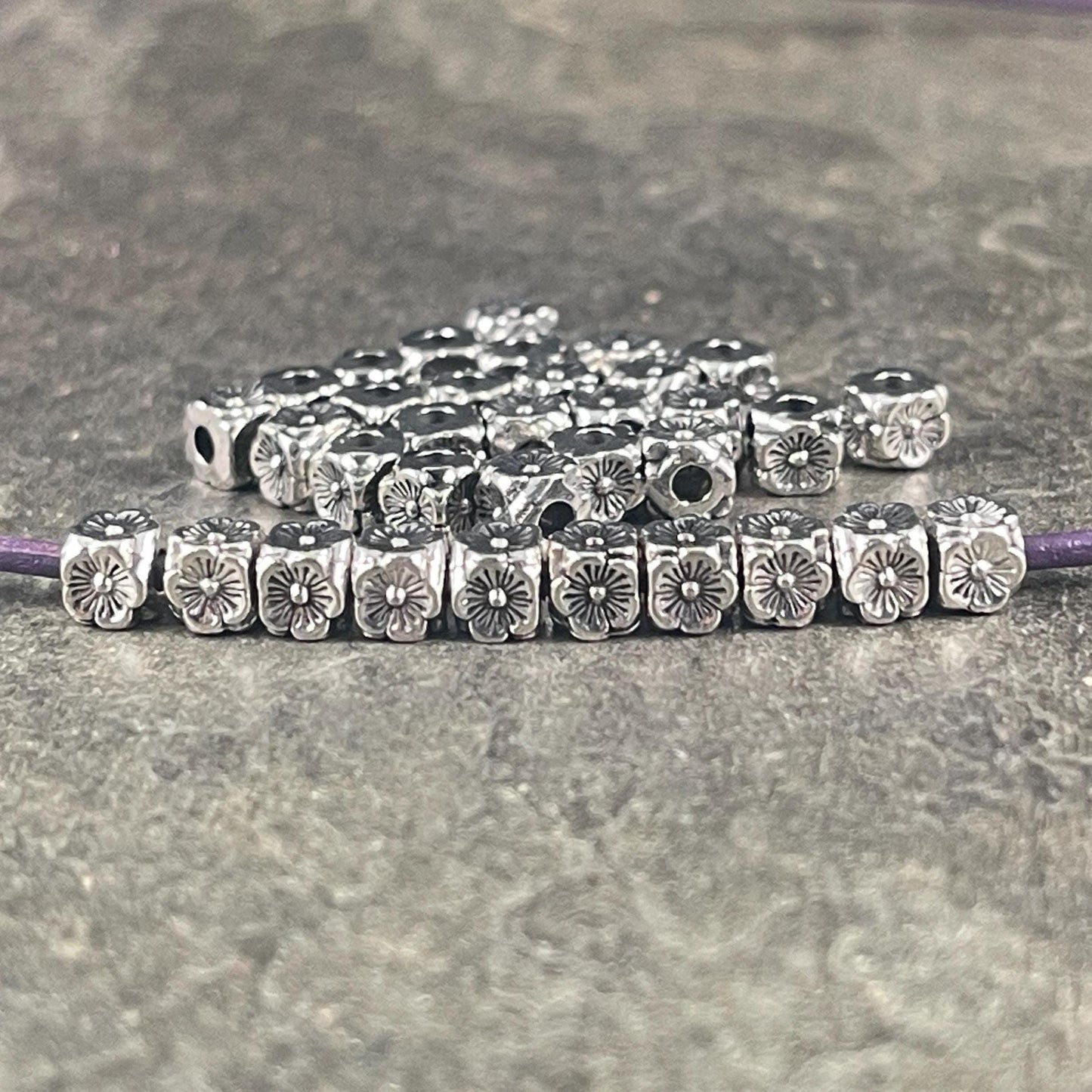 Antiqued Silver Large Hole Square with Flowers, 4mm Cube with 1.8mm Hole (YW0001-17A) * Qty. 50