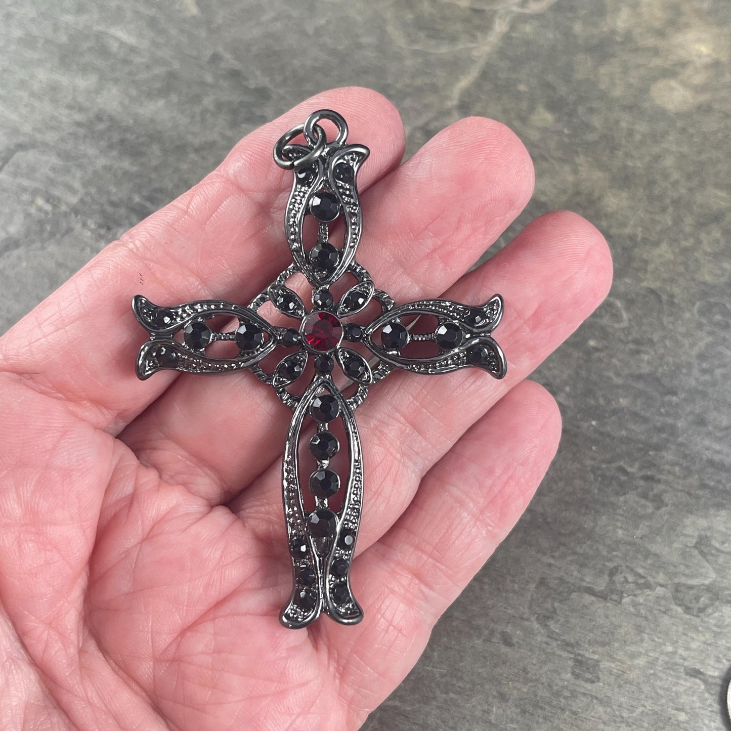 Gunmetal Black Gothic Cross Pendant, Black and Garnet Rhinestones, 50x70mm