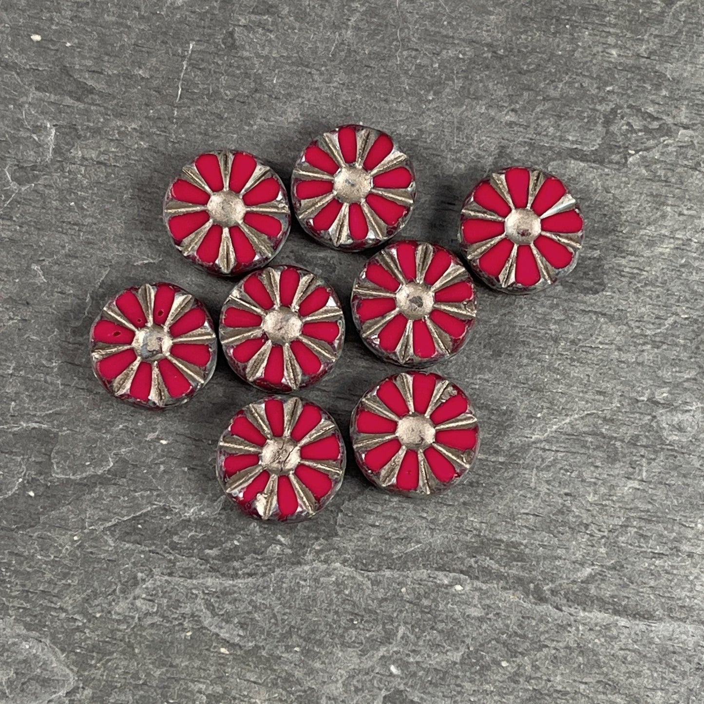 Czech Glass Beads, 12mm Ruby Red Sunflower Coin Beads with Gold Wash and Travertine Picasso Finish (TCT-RTG) * Qty. 8