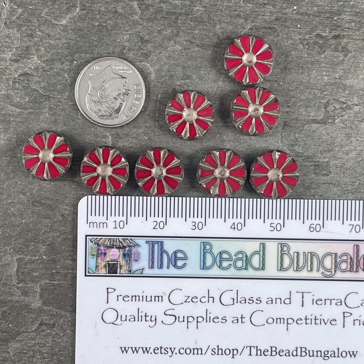 Czech Glass Beads, 12mm Ruby Red Sunflower Coin Beads with Gold Wash and Travertine Picasso Finish (TCT-RTG) * Qty. 8