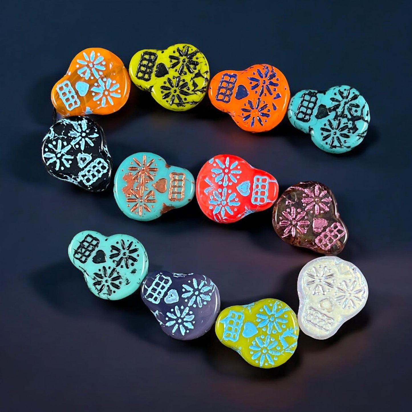 Czech Glass Sugar Skull Beads, Assortment Bead Soup Colorful Mix of Sugar Skull Beads (SS/Mix1) * Qty. 12