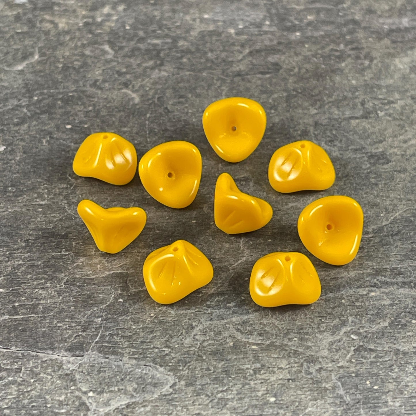 Opaque Yellow Flower Dark Purple 3-Petal Flower Beads Czech Glass Beads Opaque Flower 12x9mm Bell Flower Bead (FLLB/RJ-1090) * Qty. 8