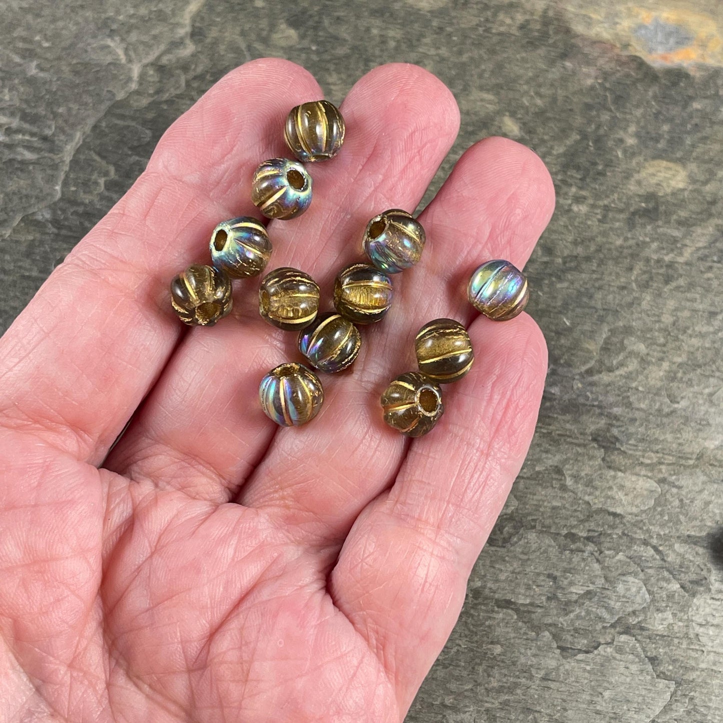 Czech Glass Beads - 8mm Gold Large Hole Melon Beads - Transparent Gold with Gold Wash and AB Finish (BH8/N-065) * Qty. 20