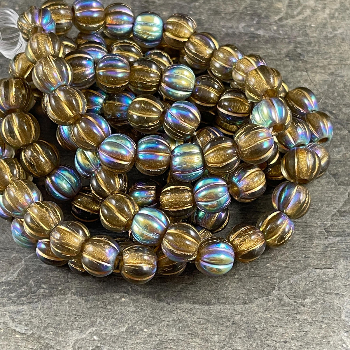 Czech Glass Beads - 8mm Large Hole Melon Beads - Transparent Gold with Gold Wash and AB Finish (BH8/N-065) * Qty. 20