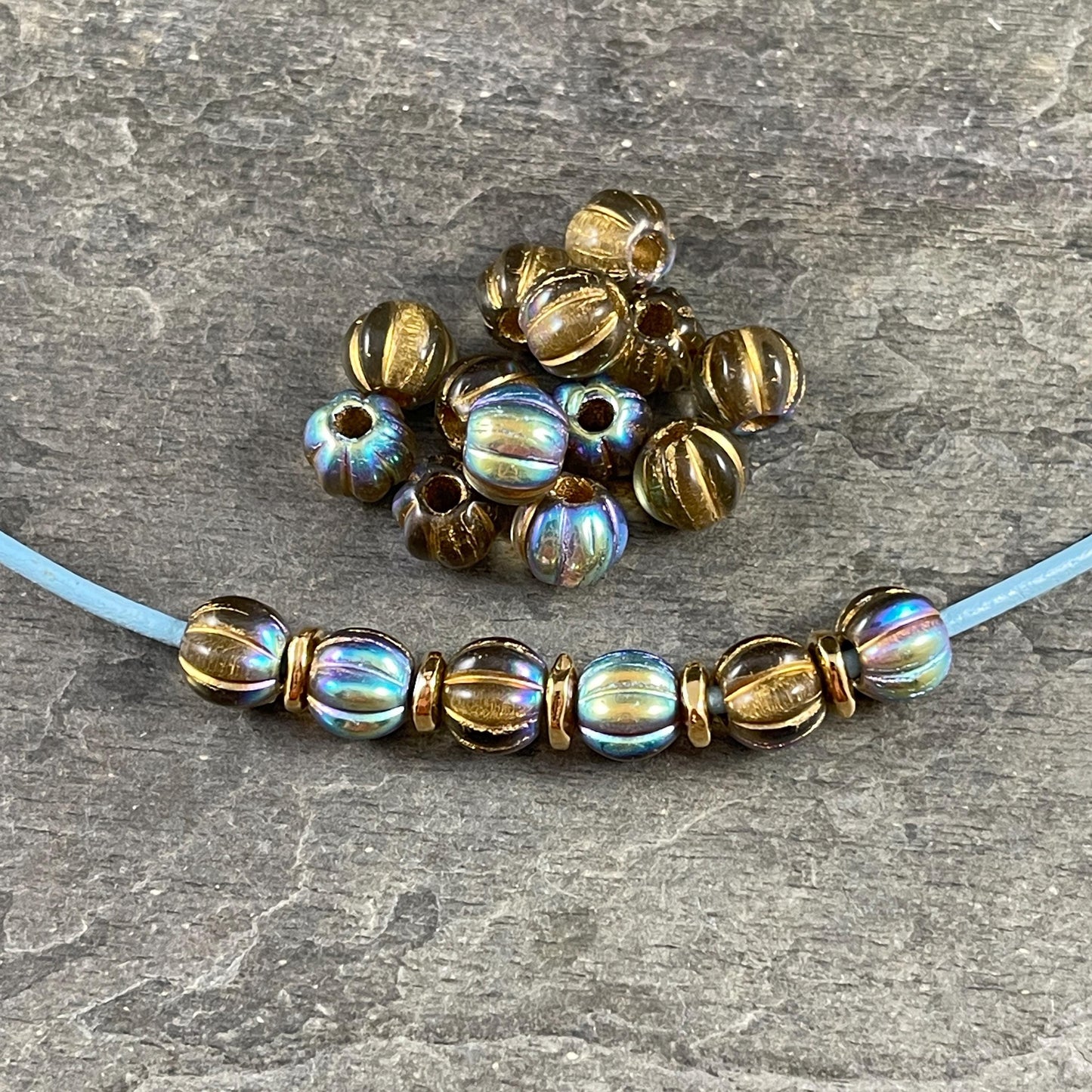 Czech Glass Beads - 8mm Gold Large Hole Melon Beads - Transparent Gold with Gold Wash and AB Finish (BH8/N-065) * Qty. 20