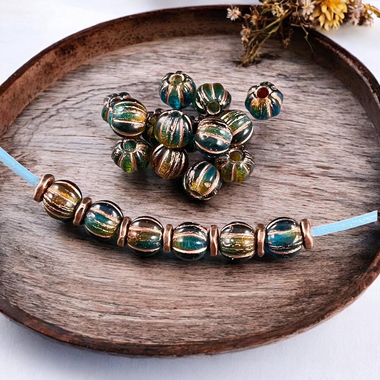 Czech Glass Beads - 8mm Large Hole Melon, Teal Blue, Green and Brown Round Beads (BH8/N-086) * Qty. 20