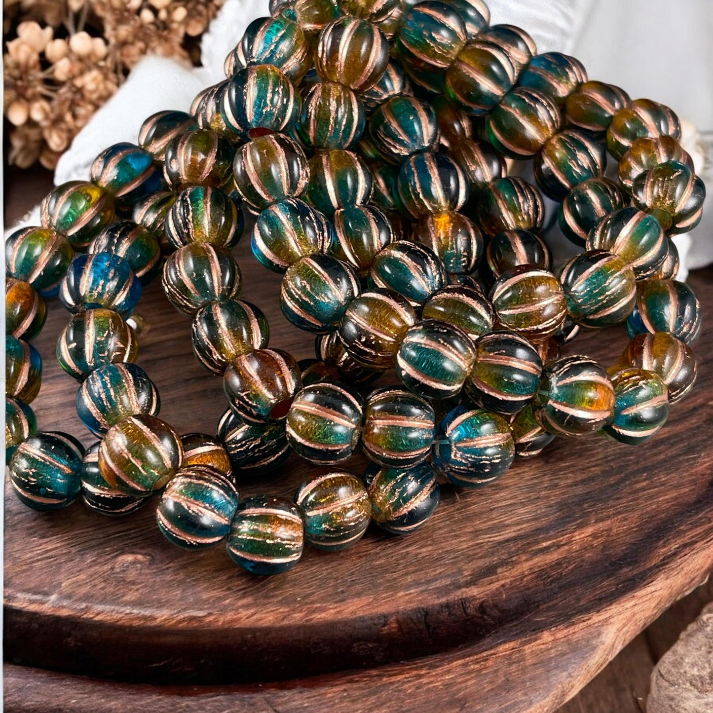 Czech Glass Beads - 8mm Large Hole Melon, Teal Blue, Green and Brown Round Beads (BH8/N-086) * Qty. 20