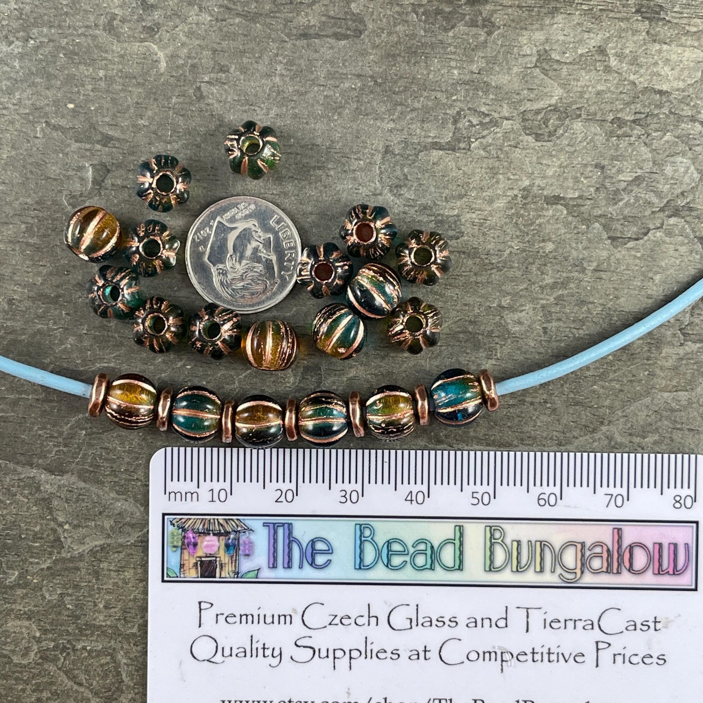Czech Glass Beads - 8mm Large Hole Melon, Teal Blue, Green and Brown Round Beads (BH8/N-086) * Qty. 20