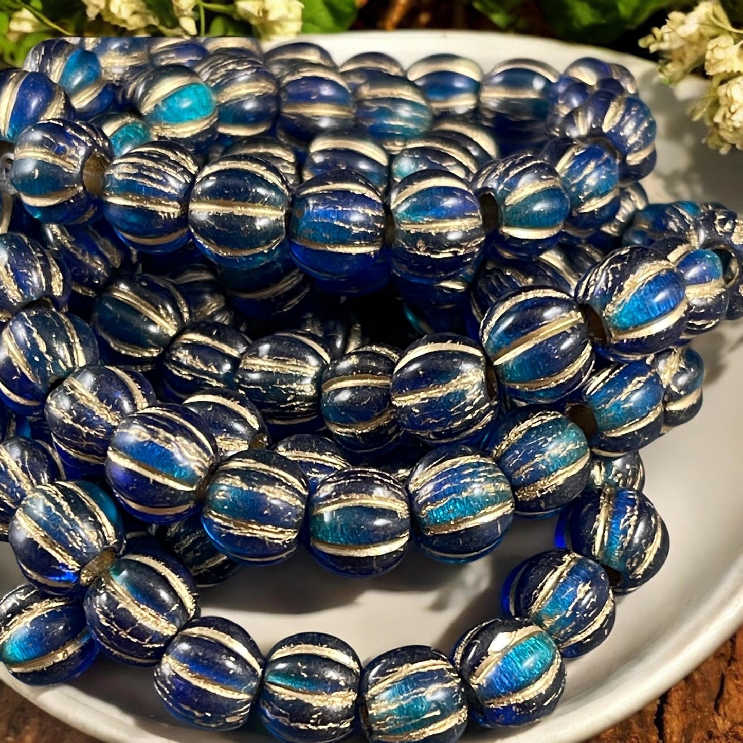 Czech Glass Beads - 8mm Blue Large Hole Melon Beads, Sapphire and Sky Blue with Gold Wash (BH8/N-064) * Qty. 20