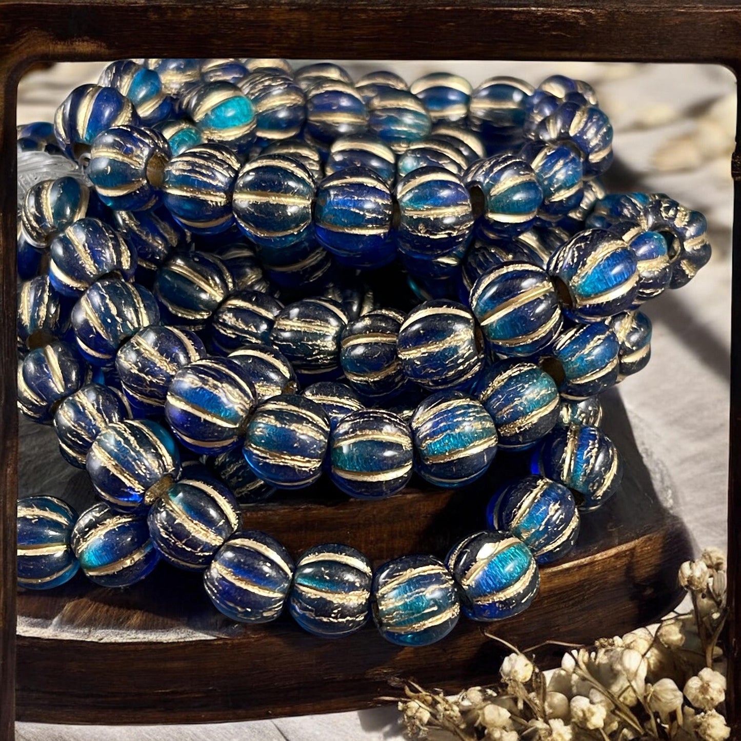 Czech Glass Beads - 8mm Blue Large Hole Melon Beads, Sapphire and Sky Blue with Gold Wash (BH8/N-064) * Qty. 20