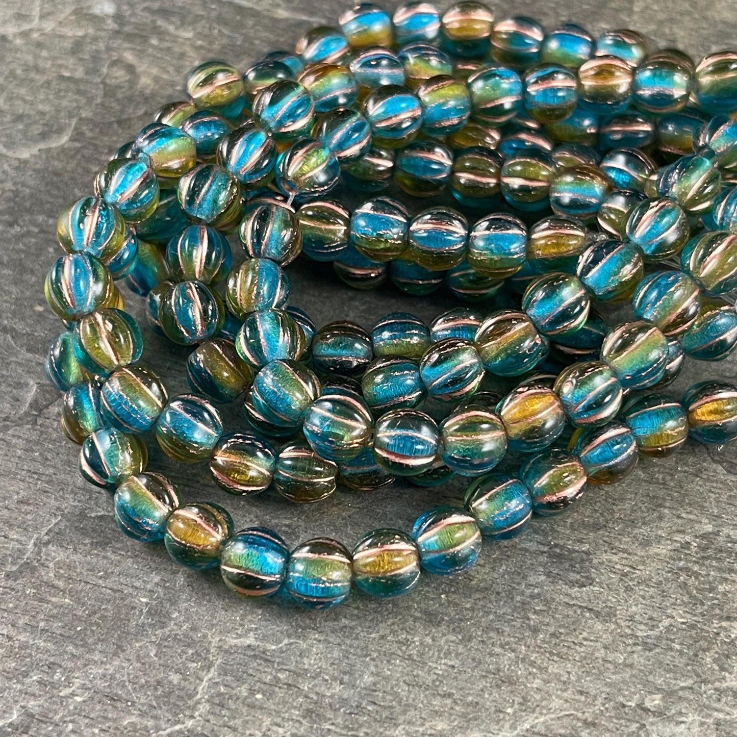 6mm Large Hole Melon Czech Glass Beads ~ Teal and Brown Large Hole Round Beads (BH6/N-086) * Qty 25