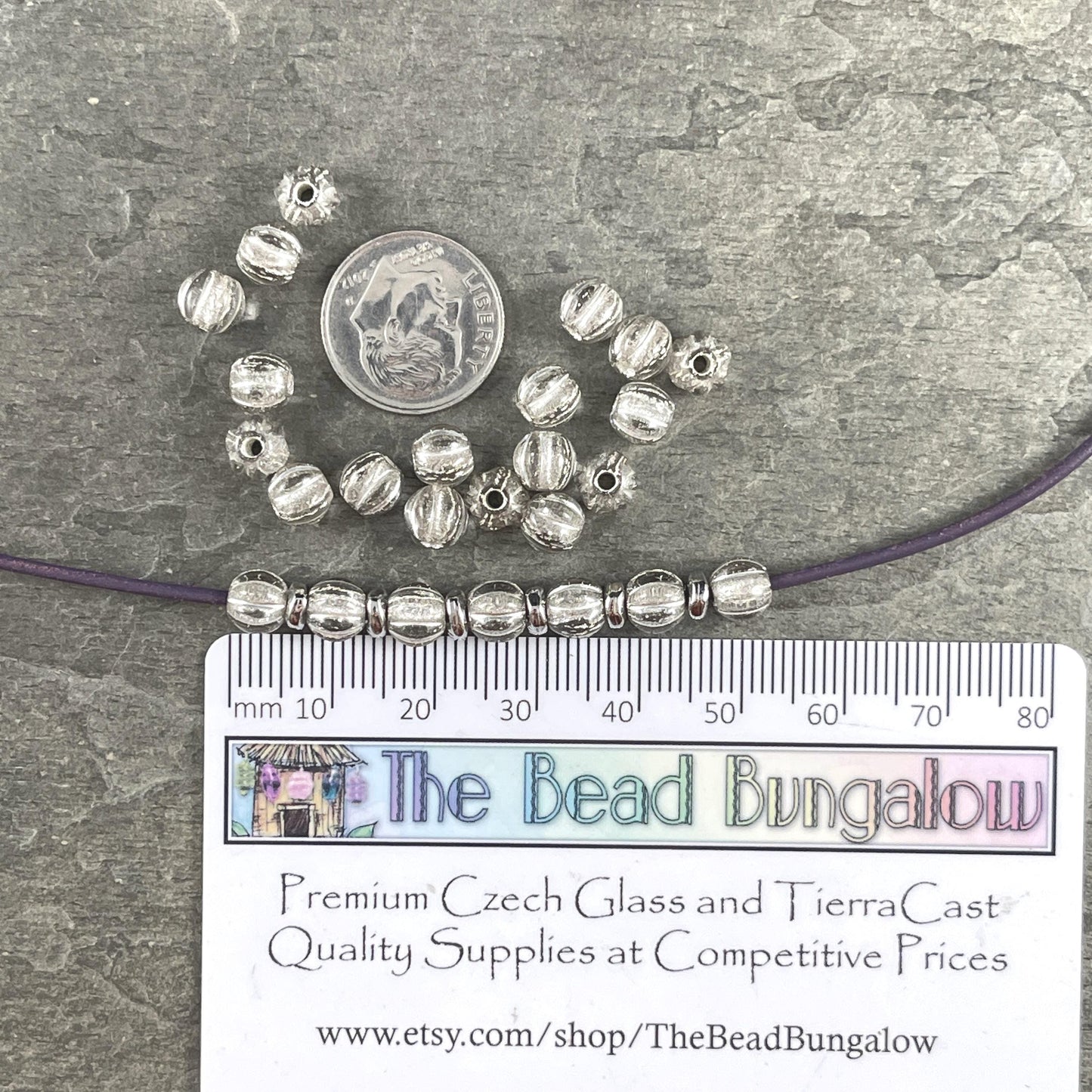 Czech Glass Beads - 6mm Clear and Silver Large Hole Melon Beads, Silver Round Beads (BH6/N-062) * Qty. 25