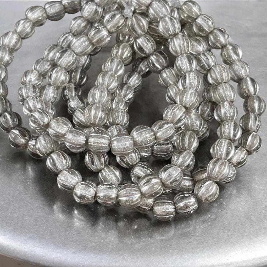 Czech Glass Beads - 6mm Clear and Silver Large Hole Melon Beads, Silver Round Beads (BH6/N-062) * Qty. 25
