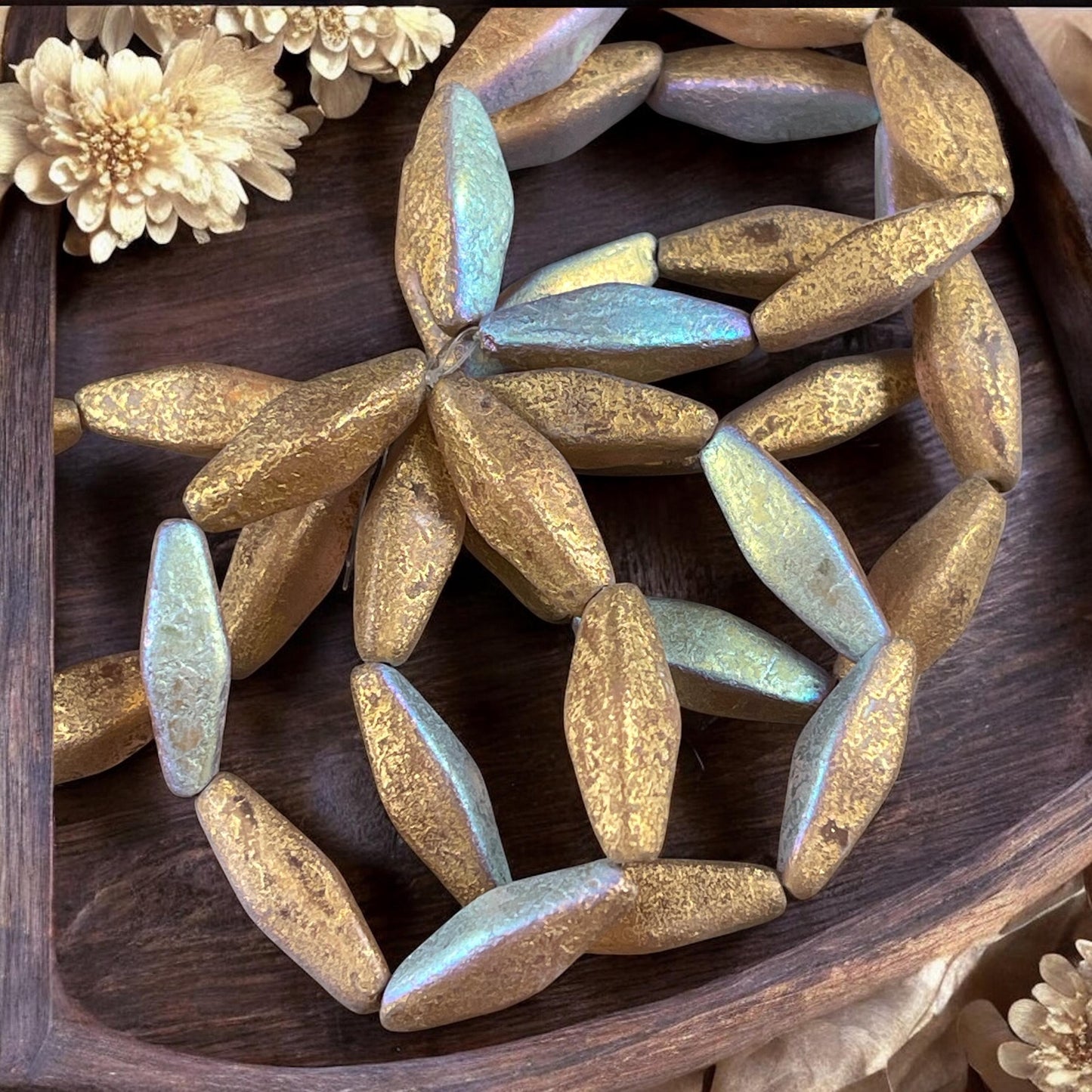 20x9mm Golden Rhombus Beads Elongated Spindle Beads Matte Pale Pink Czech Glass Beads with Gold Finish (RHO/1881B) * Qty. 6 Beads