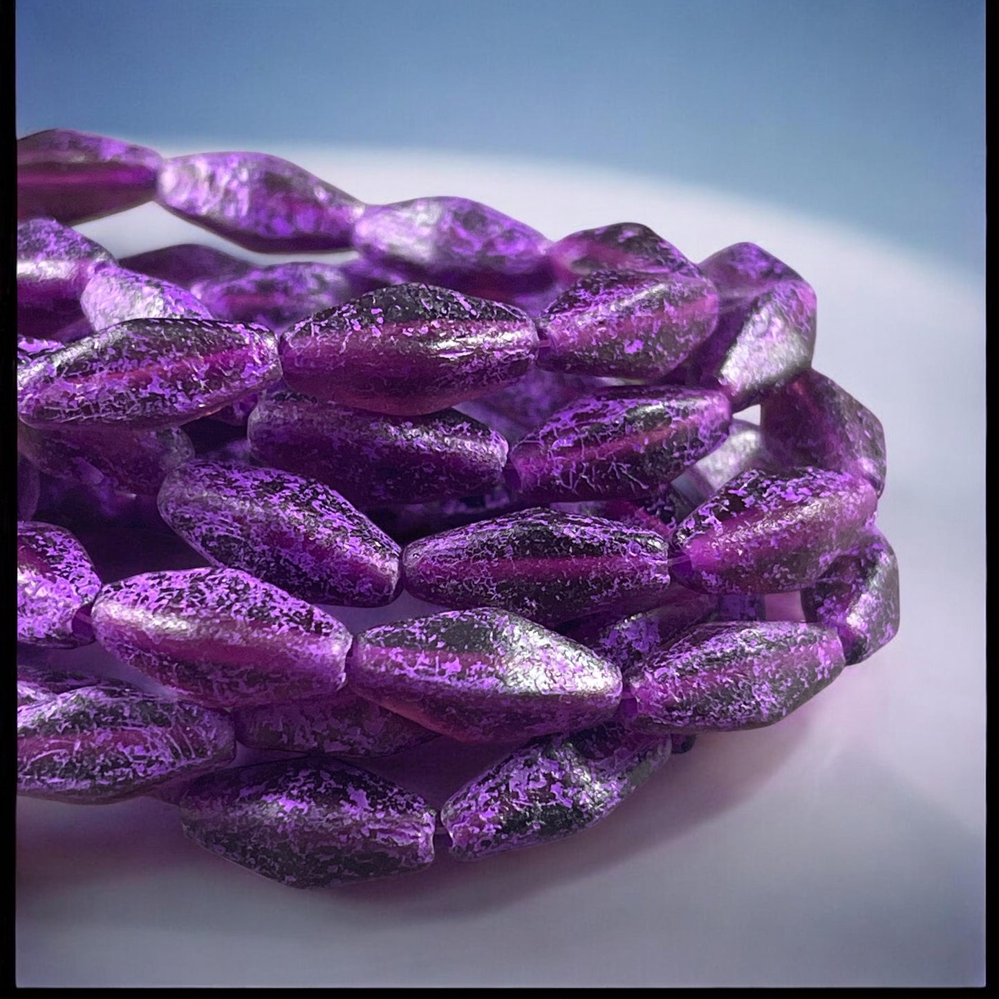 Czech Glass Beads - 14x7mm Rhombus Beads, Dark Purple Etched Glass with Purple Wash (RHO/N-2103) * Qty. 10 Beads