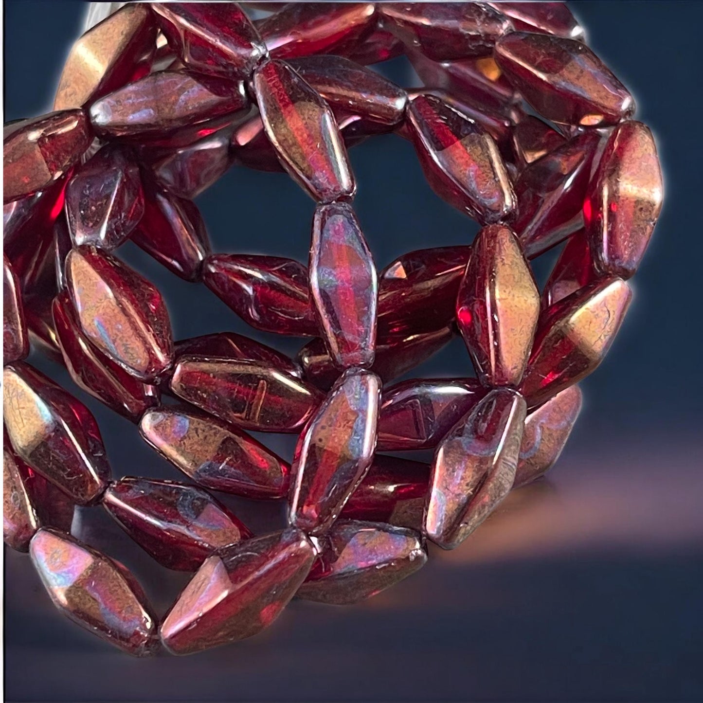 Czech Glass Beads - 14x7mm Rhombus Beads, Transparent Ruby Red with Metallic Rust and Purple Finish (RHO/N-2078) * Qty. 10 Beads