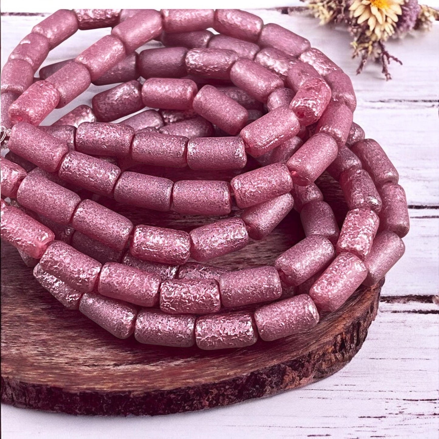 Czech Glass Beads - Etched Pink 9x5mm Tube Bead, Pink Glass with Metallic Pink Wash (TBE/N-2117) * Qty. 16