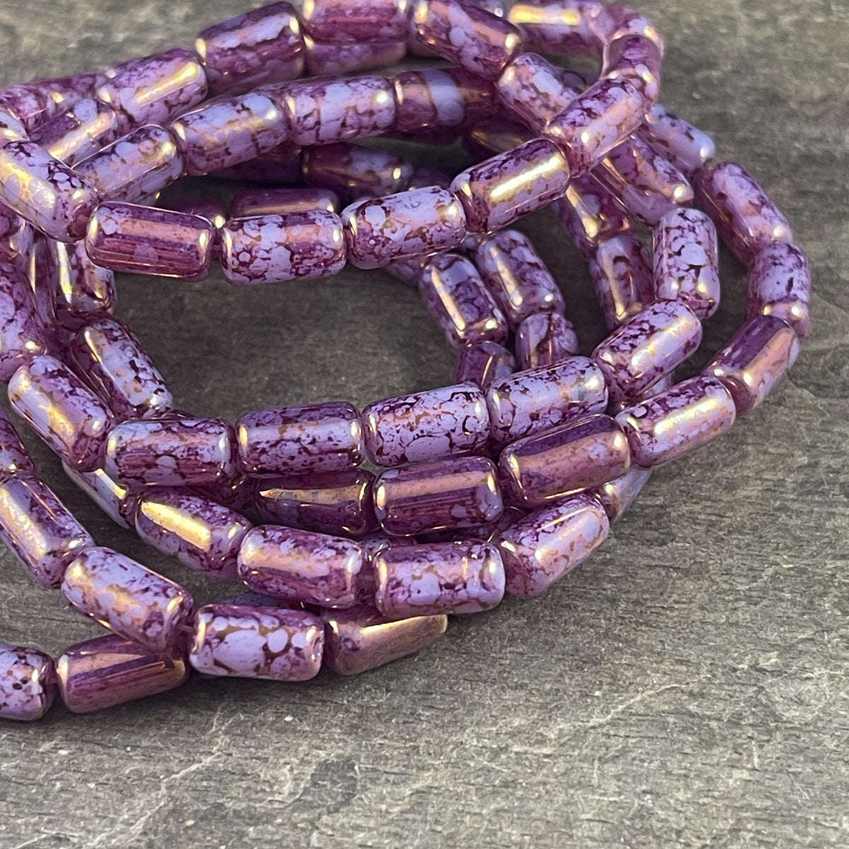 Czech Glass Beads - Purple 9x5mm Tube Bead, Thistle and Plum Picasso Beads (TBE/N-2111) * Qty. 16