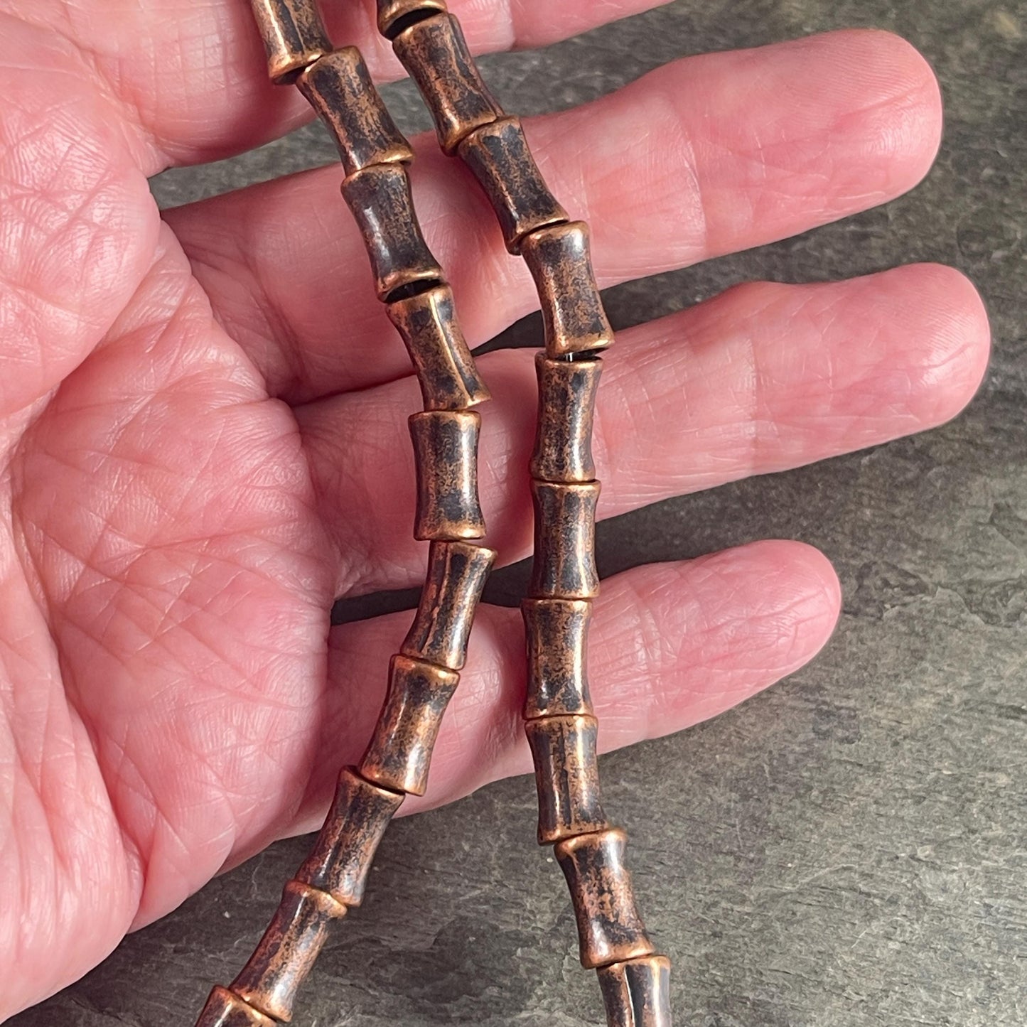 Antiqued Copper 11x6mm Metal Tube Beads, Large Hole Metal Beads, Hildie &: Jo 7" Strand - 17 Beads