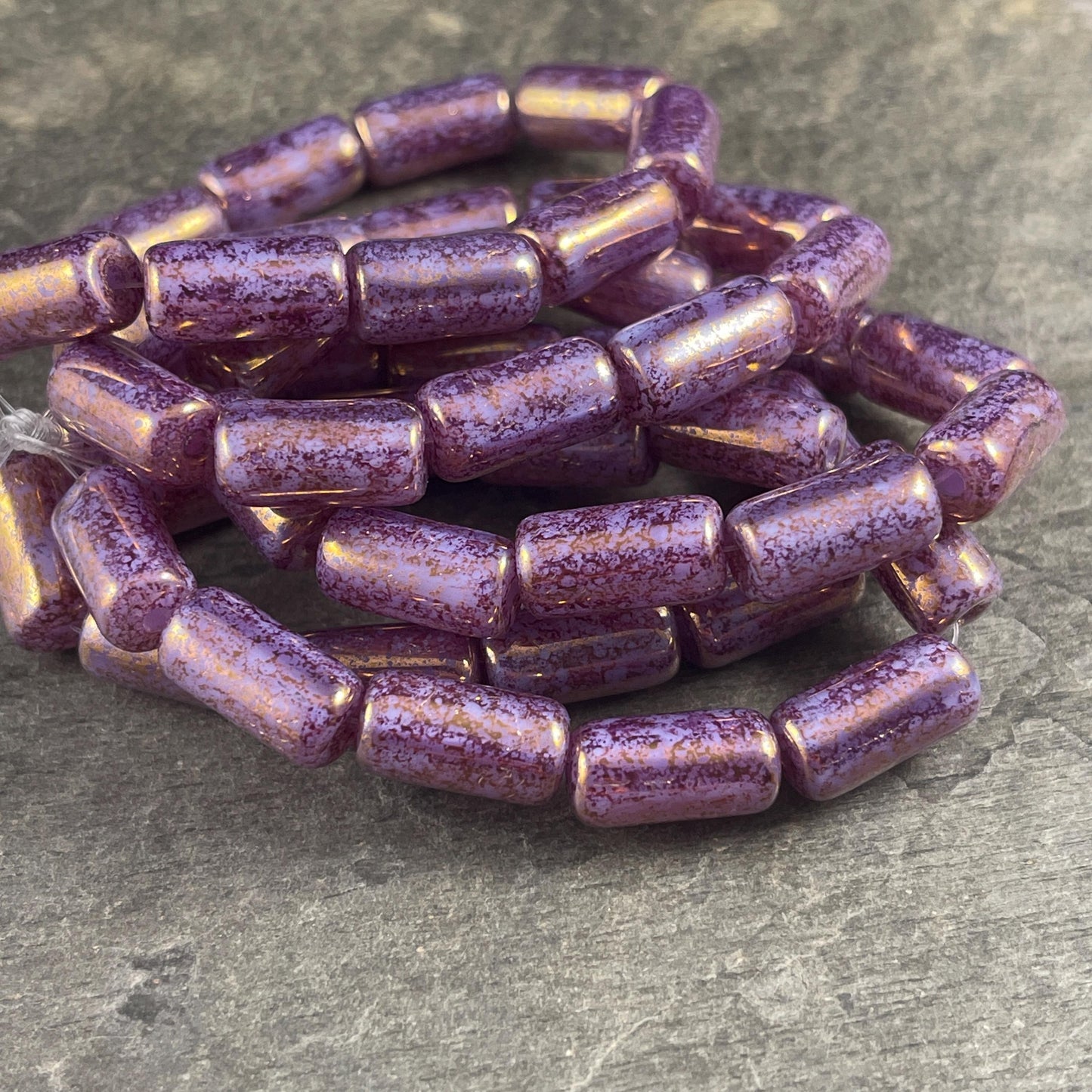 Czech Glass Beads - 14x7mm Large Hole Tube Bead, Purple Thistle with Plum Picasso Finish, 2mm Hole (TUBE/N-2126) * Qty. 10