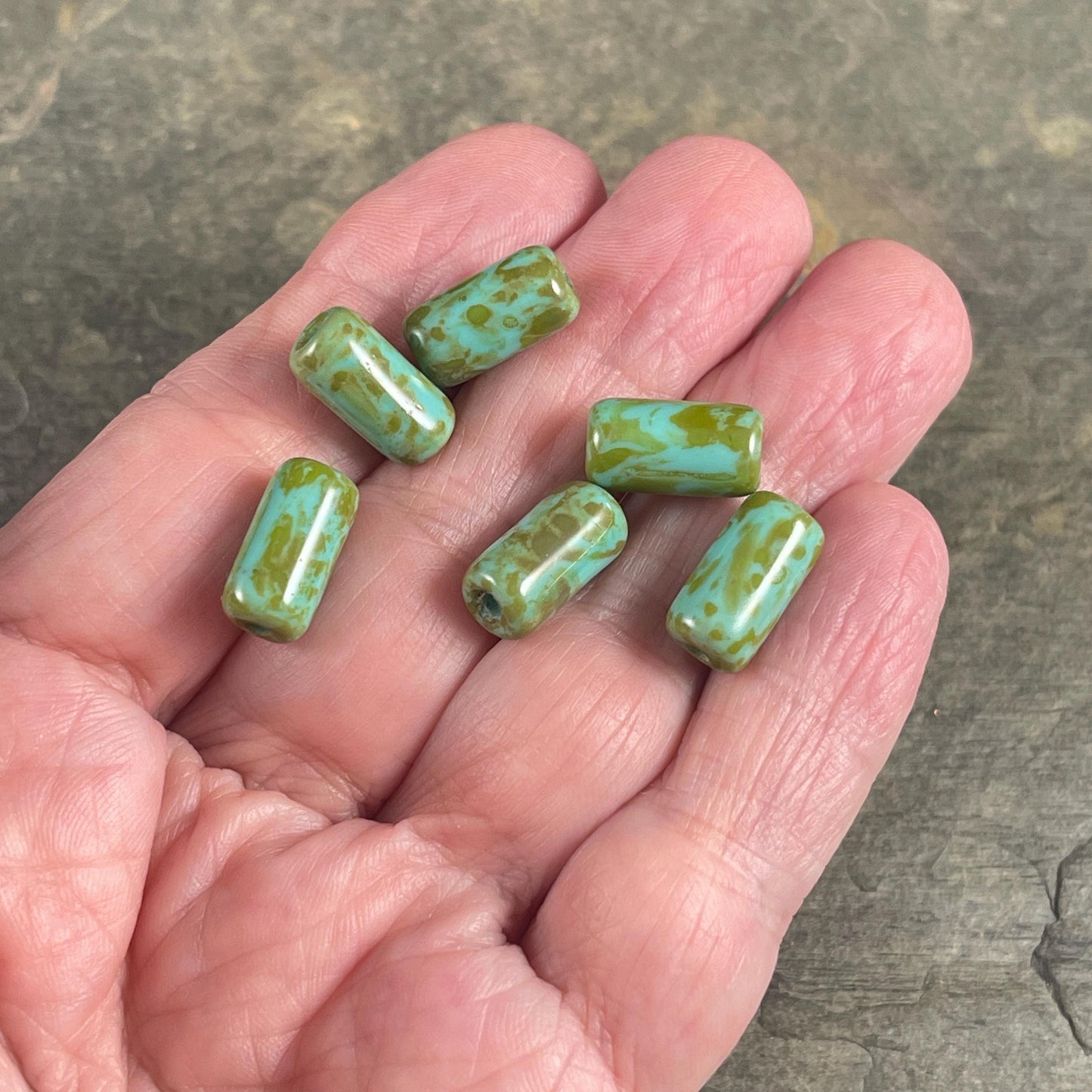 Czech Glass Beads - 14x7mm Large Hole Tube Bead, Tea Green with Picasso Finish, 2mm Hole (TUBE/N-2133) * Qty. 10