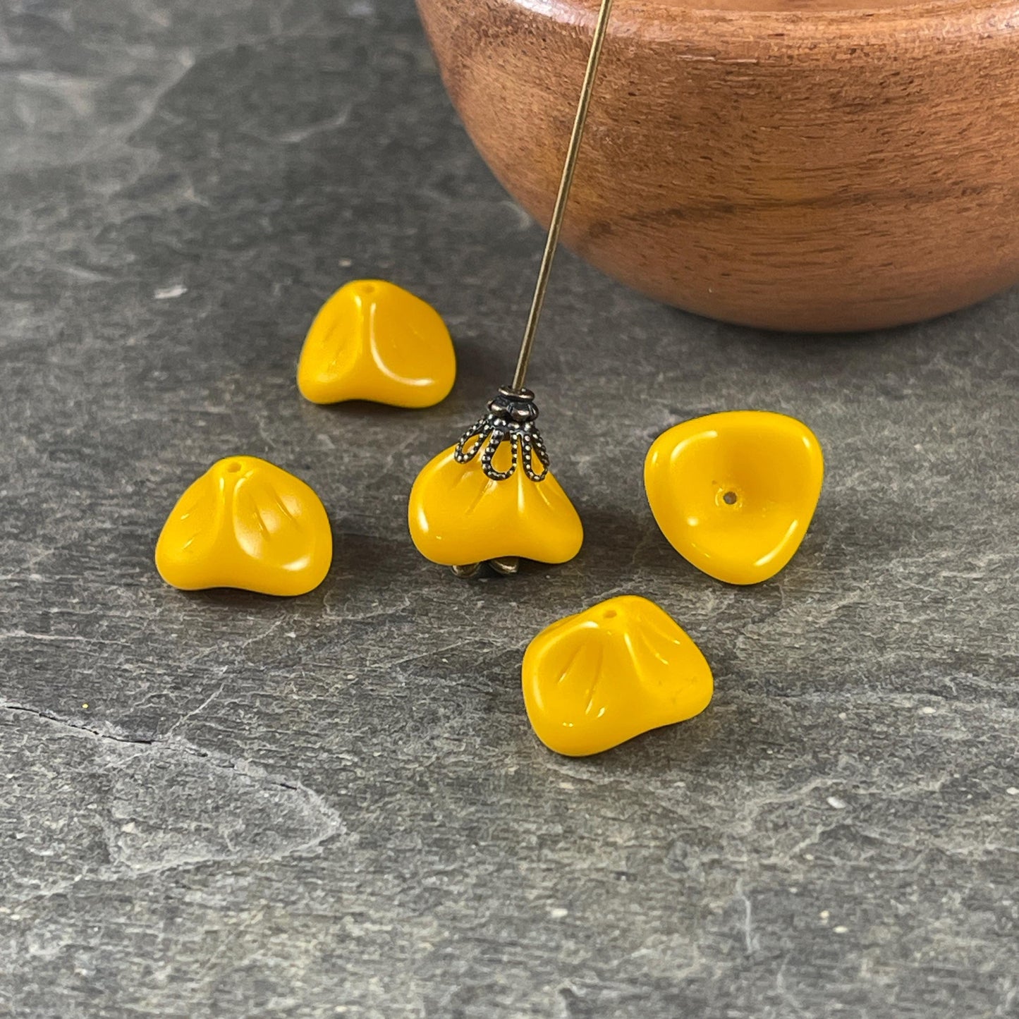 Opaque Yellow Flower Dark Purple 3-Petal Flower Beads Czech Glass Beads Opaque Flower 12x9mm Bell Flower Bead (FLLB/RJ-1090) * Qty. 8