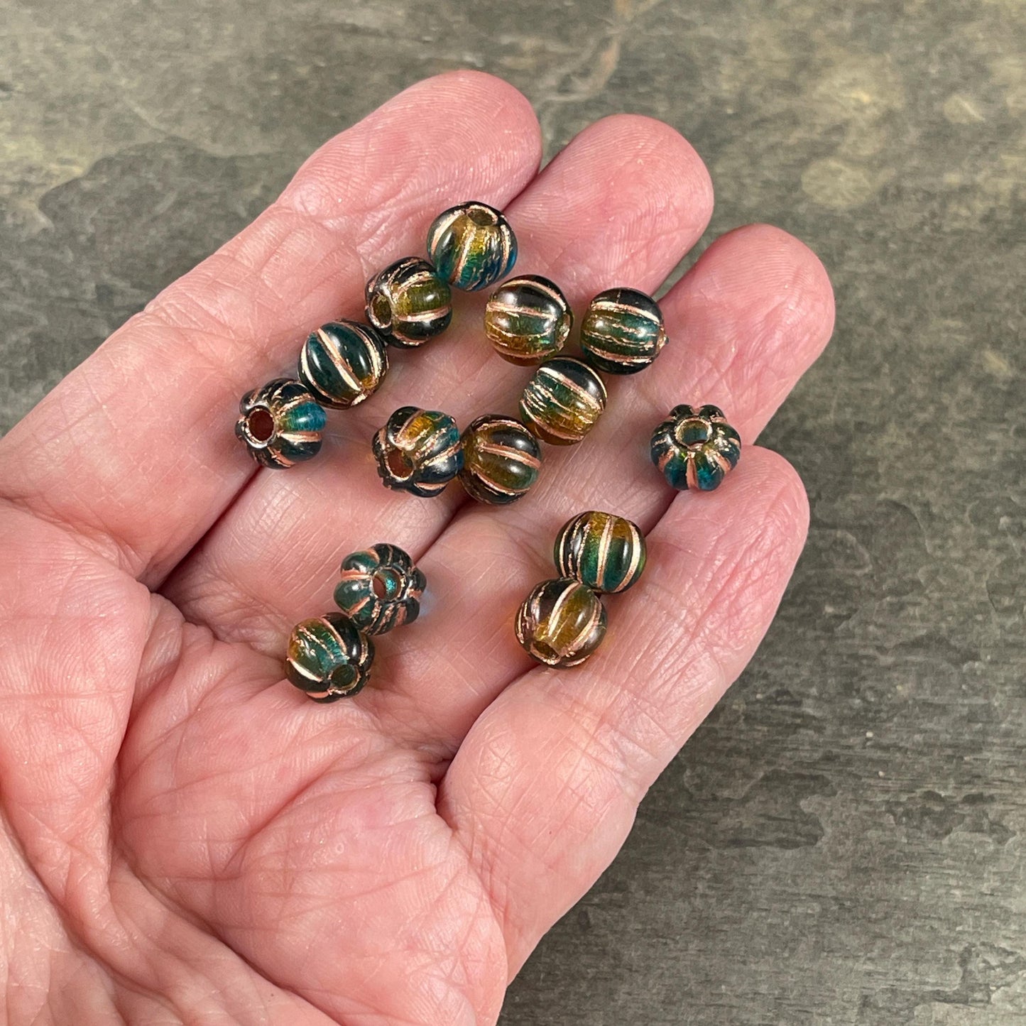 Czech Glass Beads - 8mm Large Hole Melon, Teal Blue, Green and Brown Round Beads (BH8/N-086) * Qty. 20