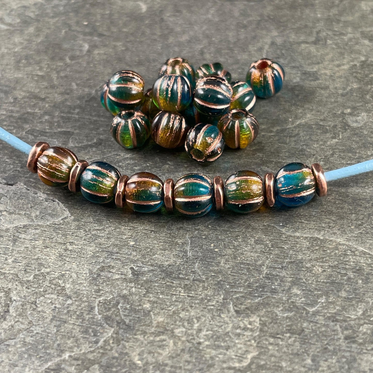 Czech Glass Beads - 8mm Large Hole Melon, Teal Blue, Green and Brown Round Beads (BH8/N-086) * Qty. 20