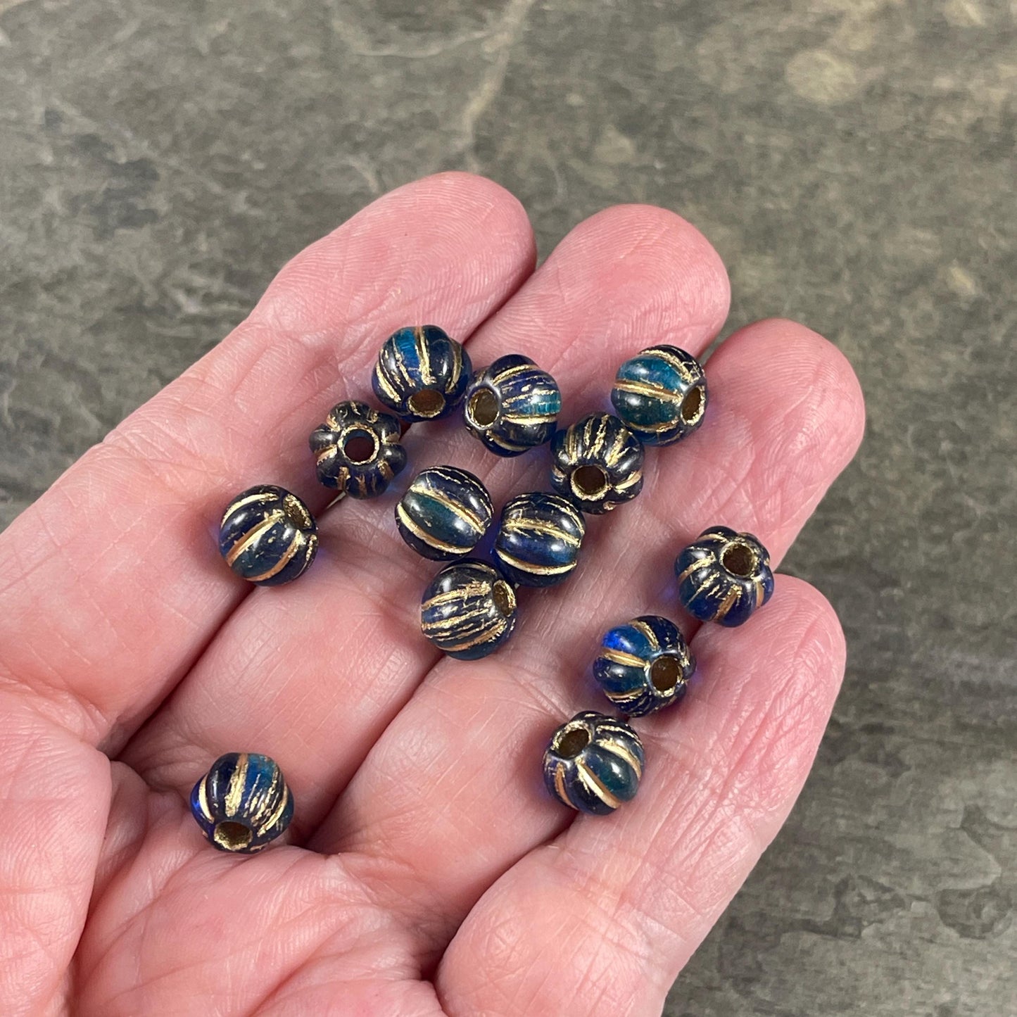Czech Glass Beads - 8mm Blue Large Hole Melon Beads, Sapphire and Sky Blue with Gold Wash (BH8/N-064) * Qty. 20