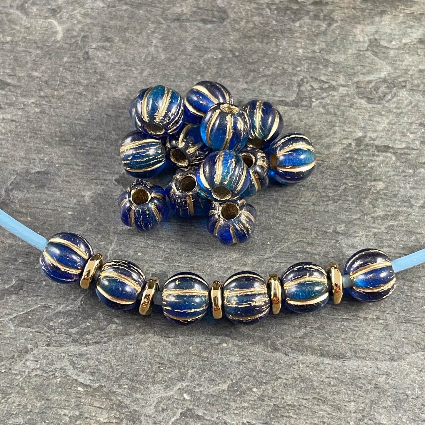 Czech Glass Beads - 8mm Blue Large Hole Melon Beads, Sapphire and Sky Blue with Gold Wash (BH8/N-064) * Qty. 20