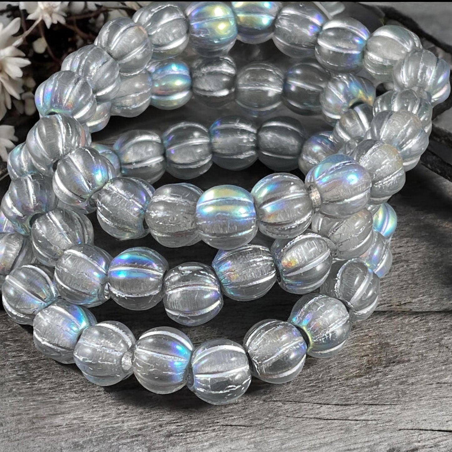 Czech Glass Beads - 8mm Silver Large Hole Melon Beads - Transparent Glass with Silver Wash and AB Finish (BH8/N-088) * Qty. 20