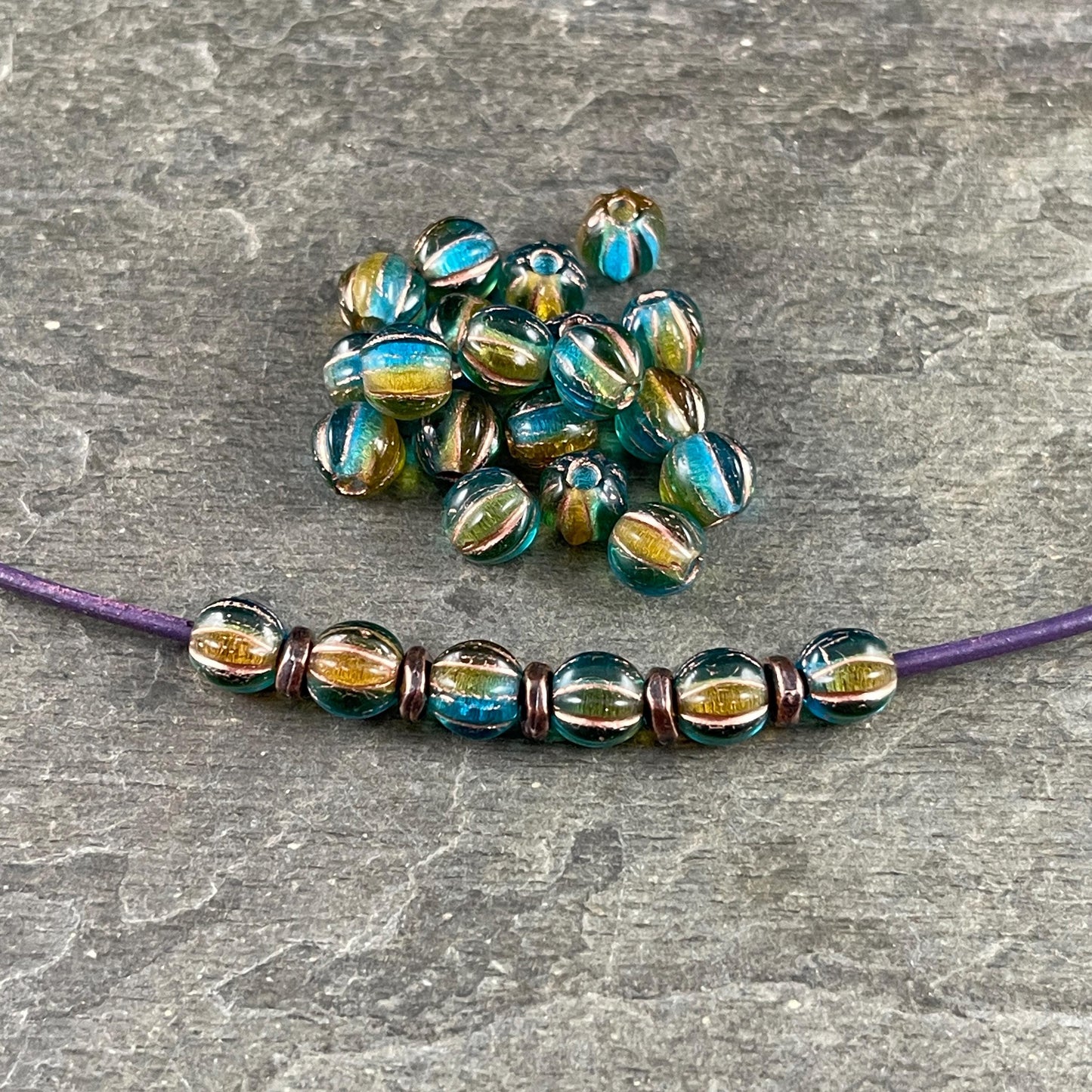 6mm Large Hole Melon Czech Glass Beads ~ Teal and Brown Large Hole Round Beads (BH6/N-086) * Qty 25