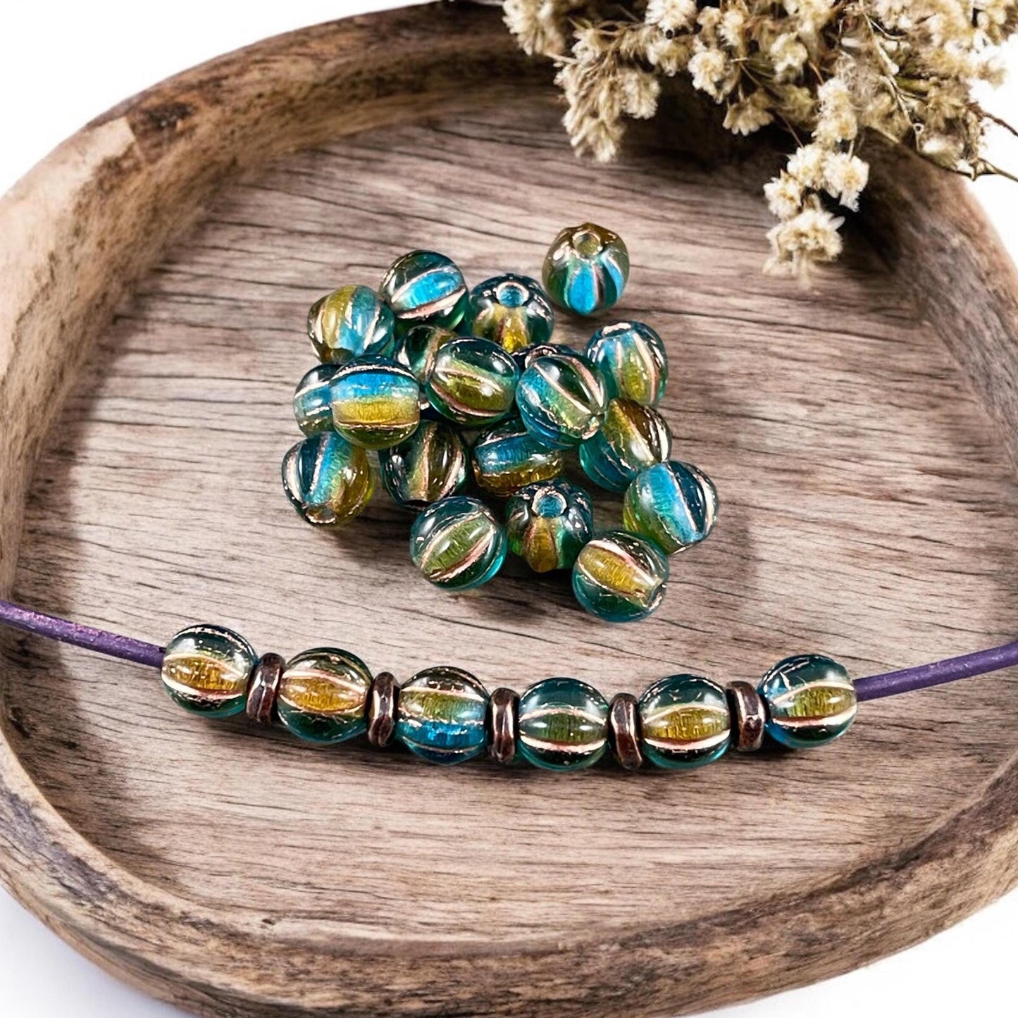 6mm Large Hole Melon Czech Glass Beads ~ Teal and Brown Large Hole Round Beads (BH6/N-086) * Qty 25