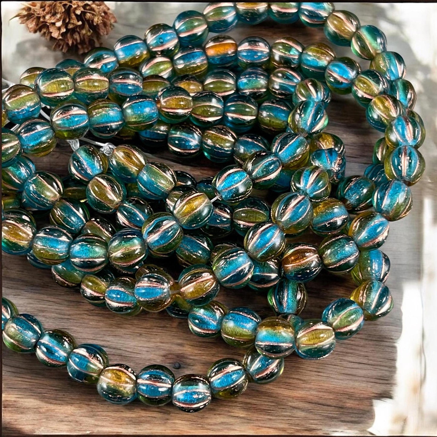 6mm Large Hole Melon Czech Glass Beads ~ Teal and Brown Large Hole Round Beads (BH6/N-086) * Qty 25