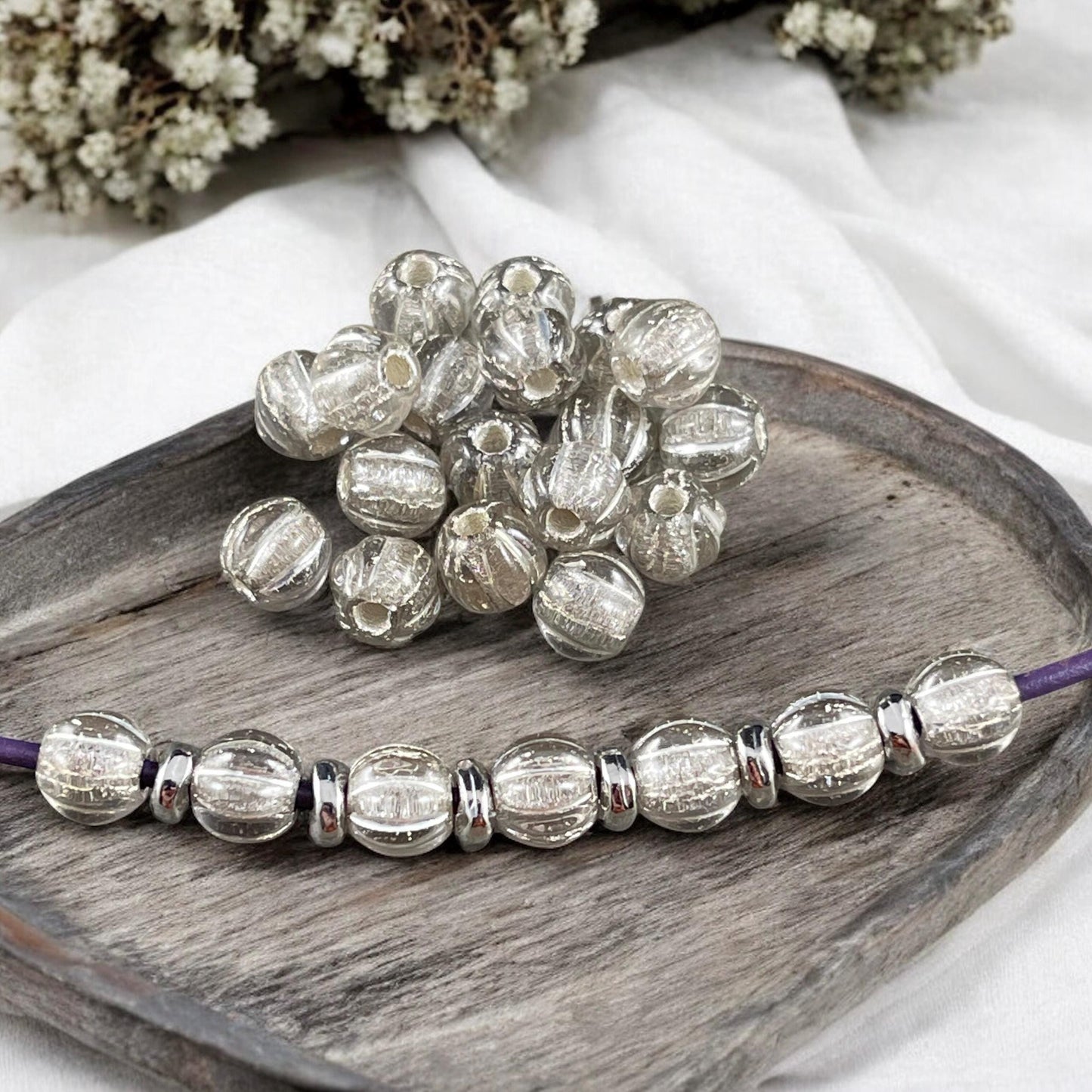 Czech Glass Beads - 6mm Clear and Silver Large Hole Melon Beads, Silver Round Beads (BH6/N-062) * Qty. 25