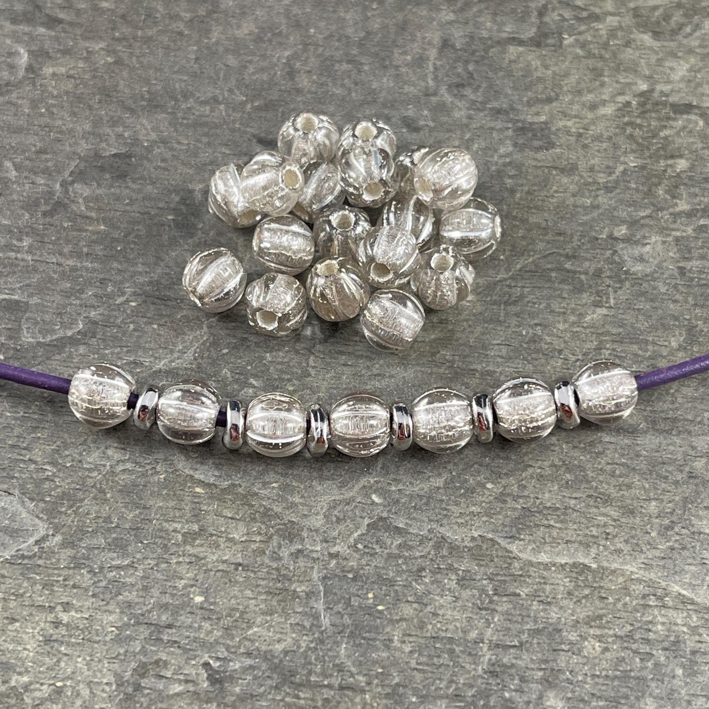 Czech Glass Beads - 6mm Clear and Silver Large Hole Melon Beads, Silver Round Beads (BH6/N-062) * Qty. 25