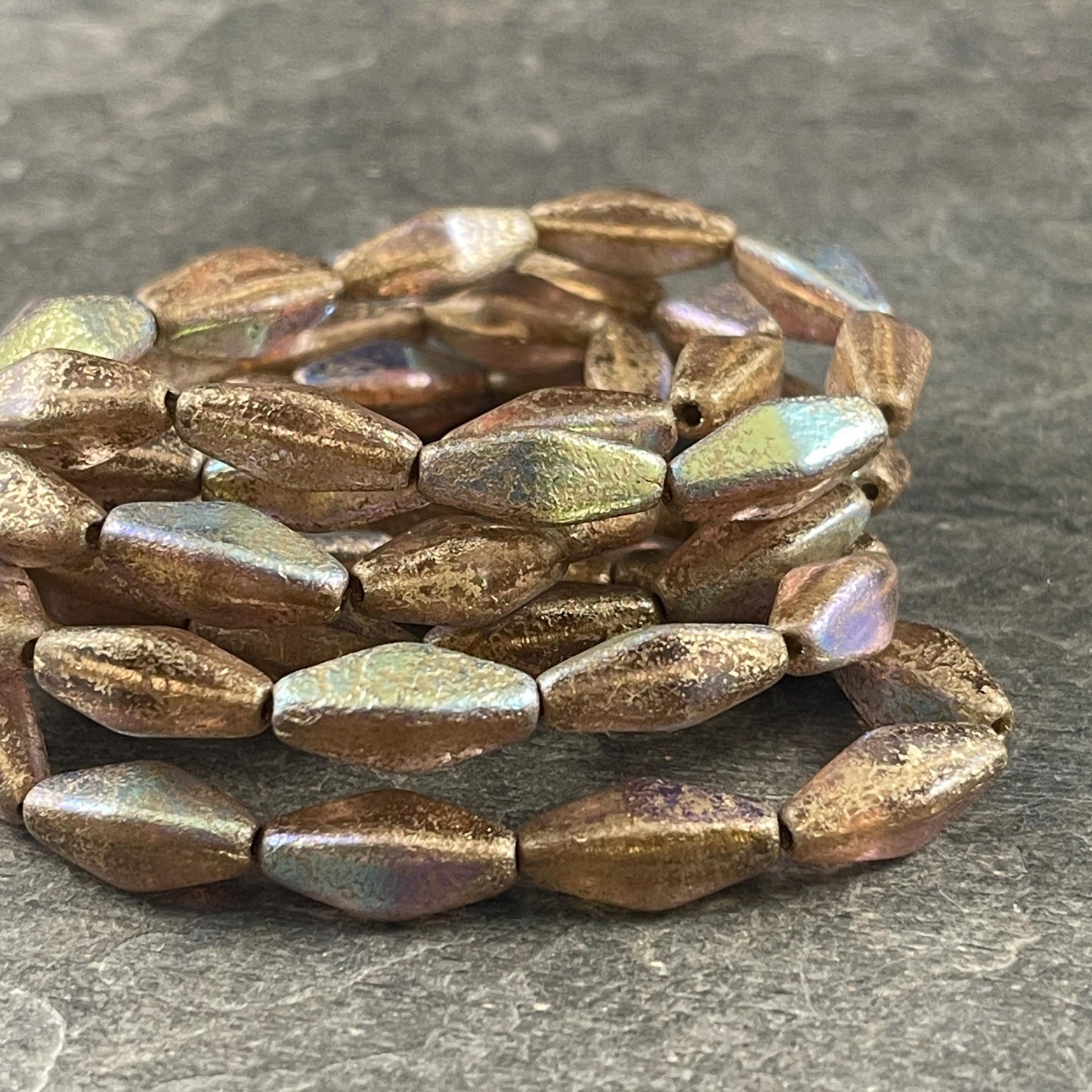 Czech Glass Beads - 14x7mm Rhombus, Transparent Pale Pink, Etched Finish with Gold Wash and AB Finish (RHO/N-1671) * 10 Beads