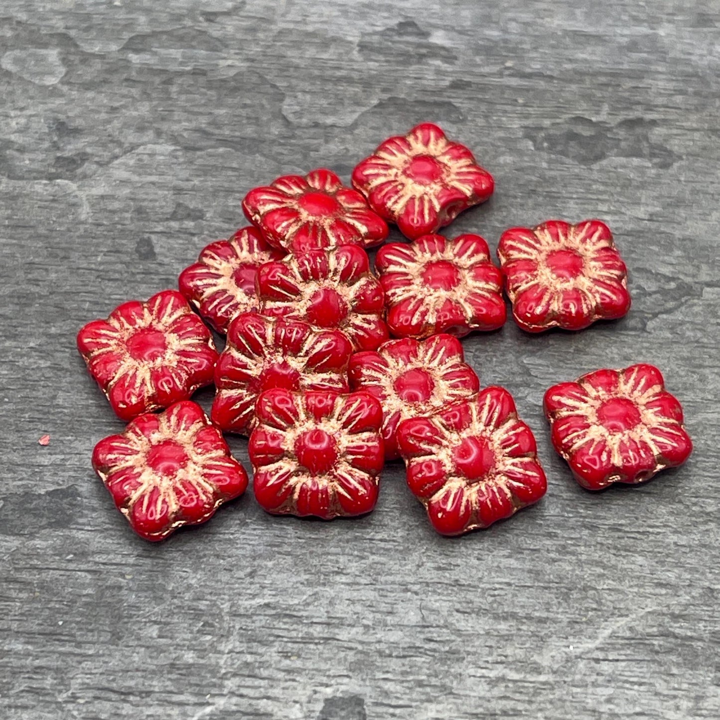Czech Glass Beads - 10mm Zinnia Square, Red Flower Bead with Copper Wash (Zsq12) * Qty. 13