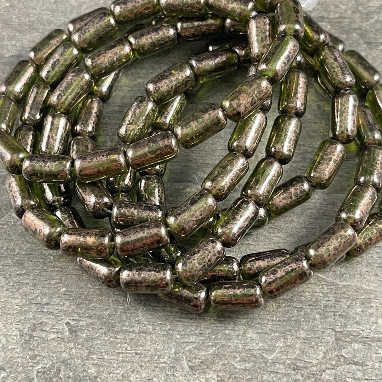 Czech Glass Beads - Olive Green 9x5mm Tube Bead, Transparent Olive Green with Gold Wash (TBE/N-2113) * Qty. 16