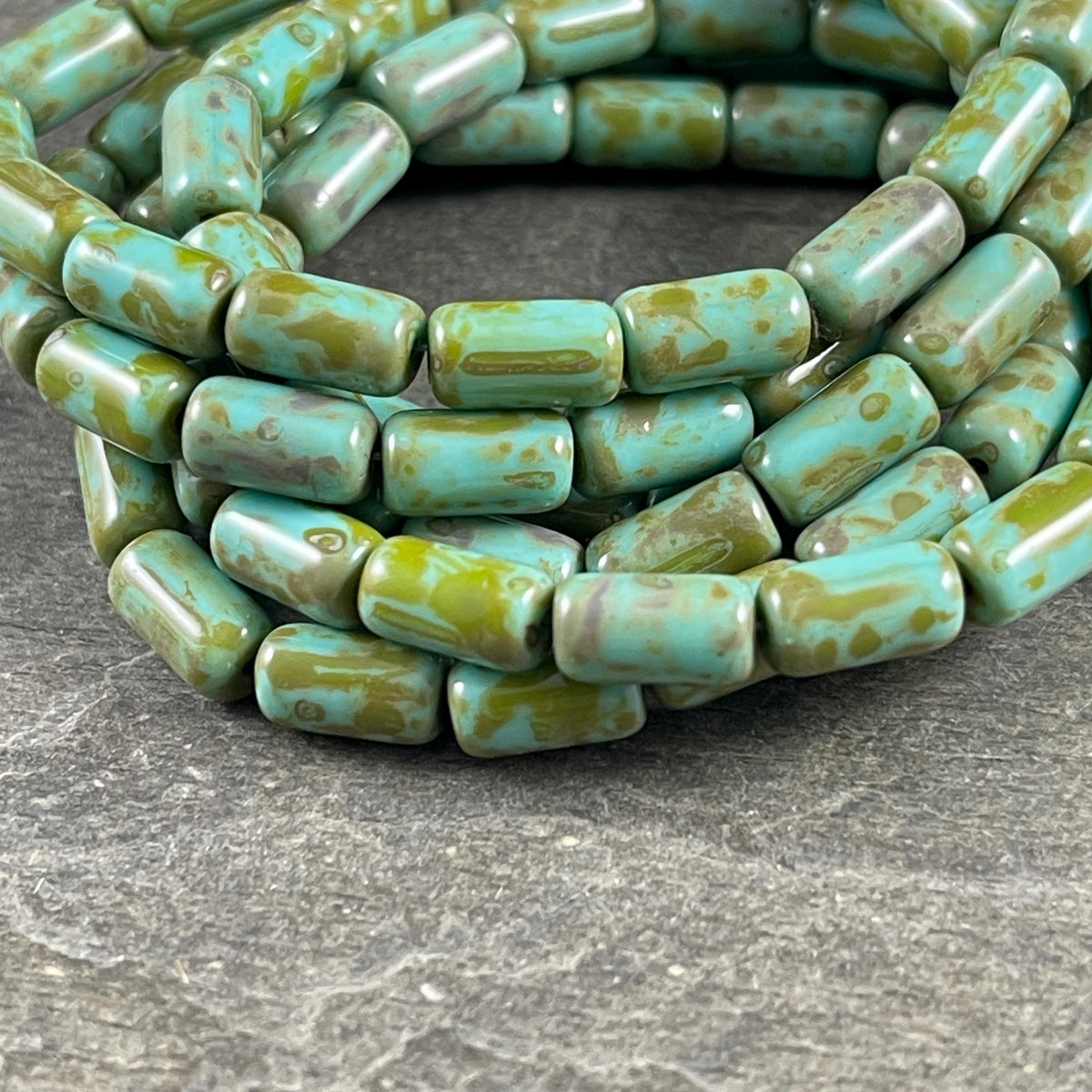 Czech Glass Beads - Turquoise Picasso 9x5mm Tube Bead, Tea Green with Picasso Finish (TBE/N-2119) * Qty. 16