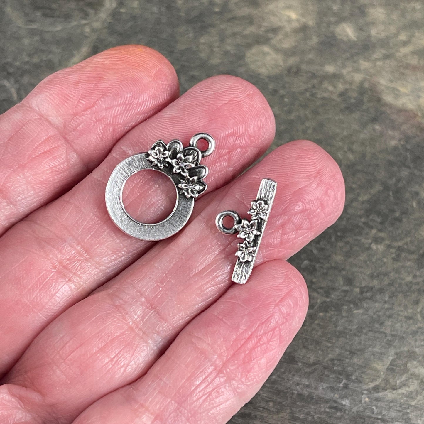 TierraCast Antiqued Silver Toggle Clasp, Blossom Collection, 17x21mm Medium Size Clasp with Floral Design (PF/1071-77) * Qty. 2