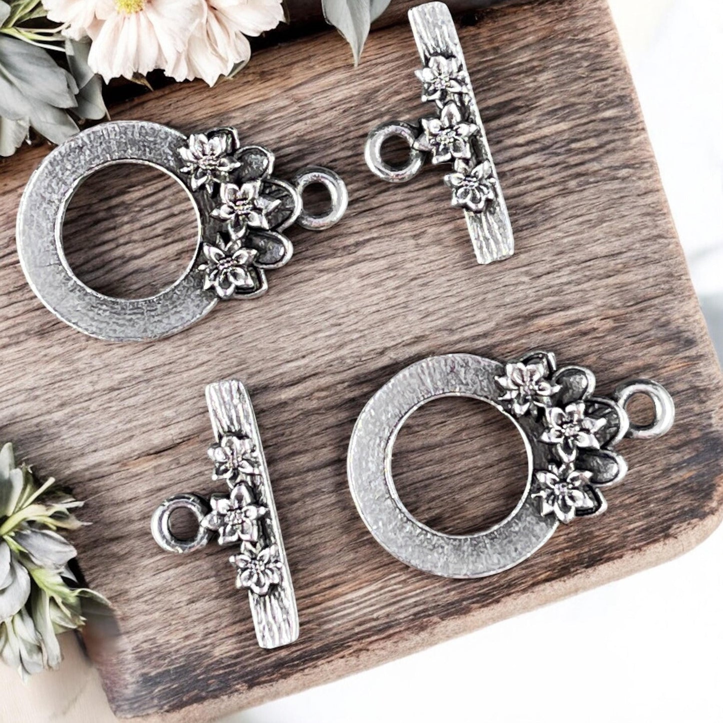 TierraCast Antiqued Silver Toggle Clasp, Blossom Collection, 17x21mm Medium Size Clasp with Floral Design (PF/1071-77) * Qty. 2