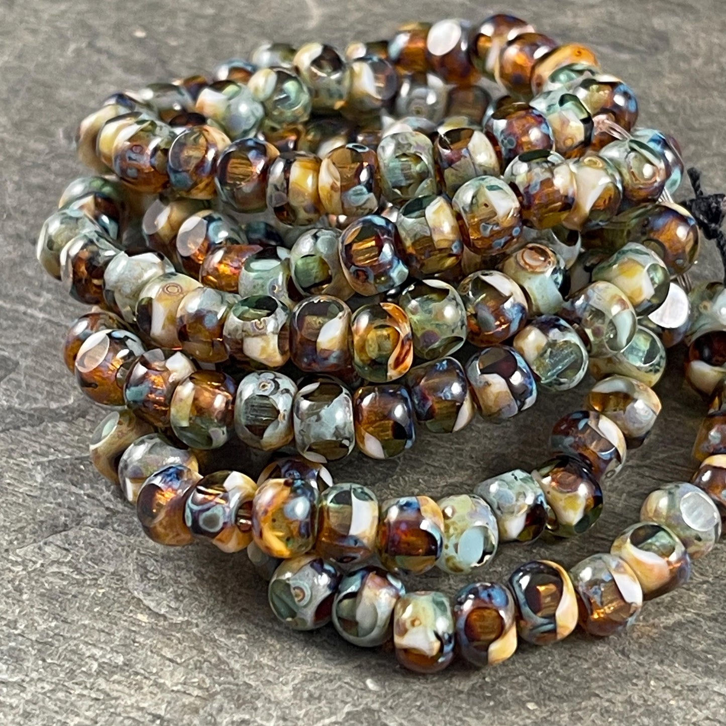 Czech Glass Beads - 5x4mm with 2mm Hole, Brown, Green and Ivory Picasso Beads, Tri-Cut Glass Rondelles (TRC/N-1417) * Qty. 25