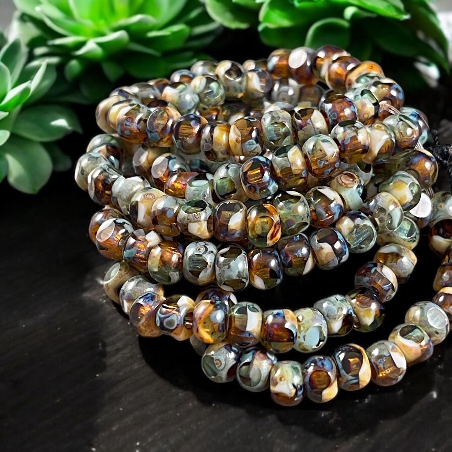 Czech Glass Beads - 5x4mm with 2mm Hole, Brown, Green and Ivory Picasso Beads, Tri-Cut Glass Rondelles (TRC/N-1417) * Qty. 25